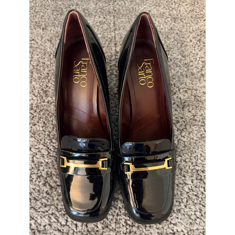 Franco Sarto Malva Pump 8M Black Patent Gold Bar Block Heel Dark Academia Work